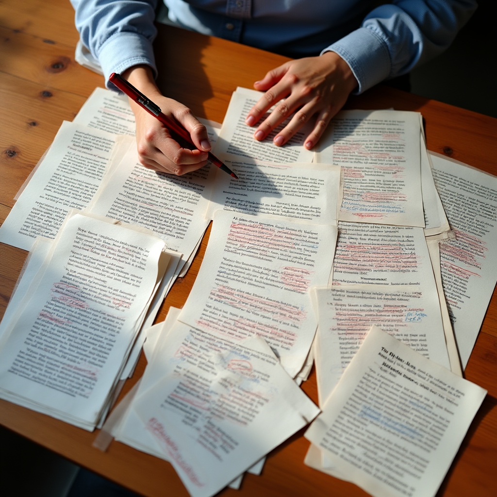 Desk with printed articles marked up with colored pens for revision decisions