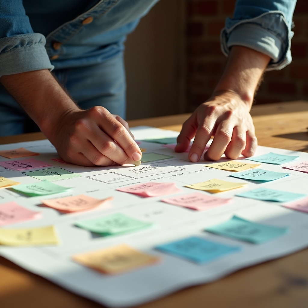 Simple paper editorial calendar with sticky notes laid out on a table