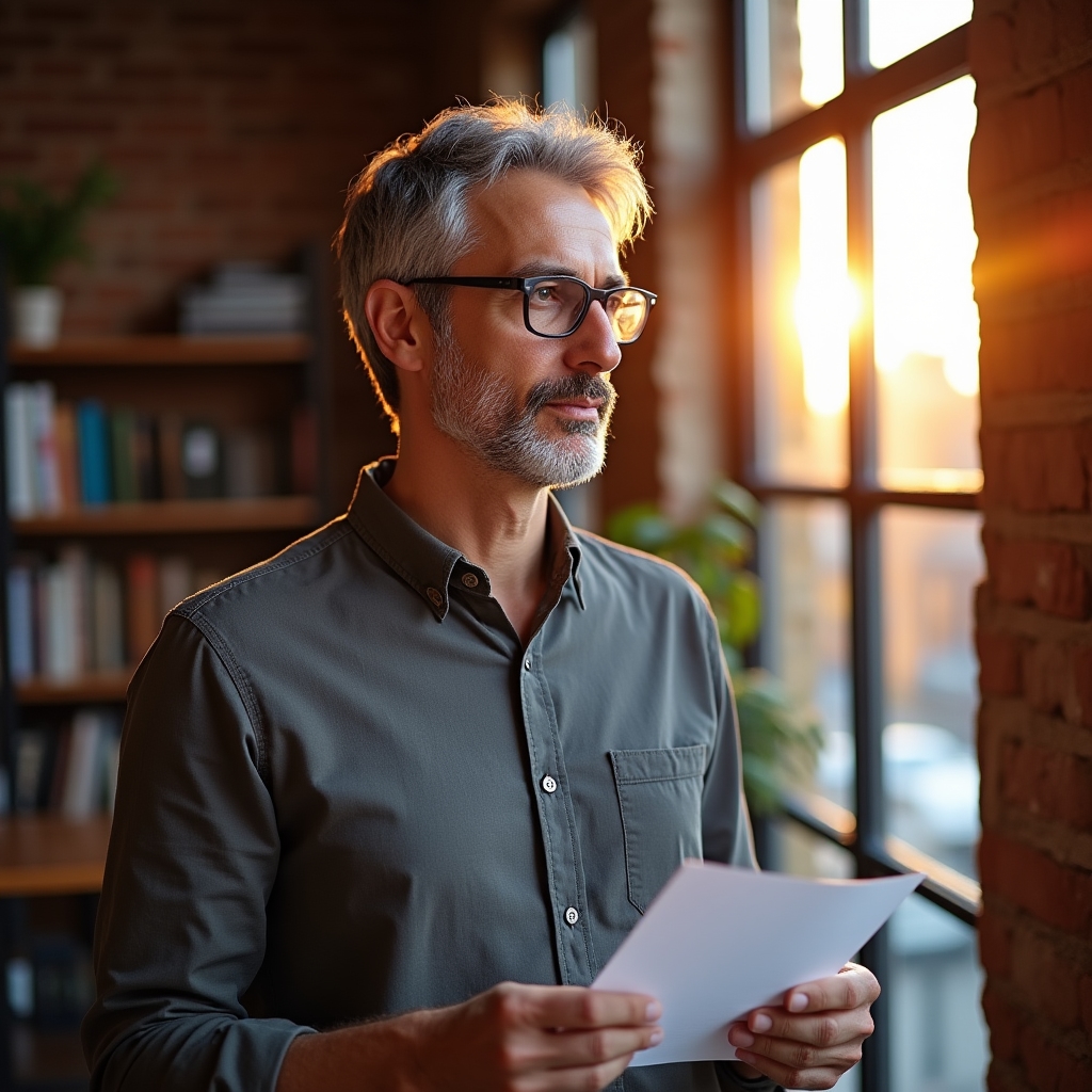 Content strategy instructor reviewing notes in a converted loft office with exposed brick